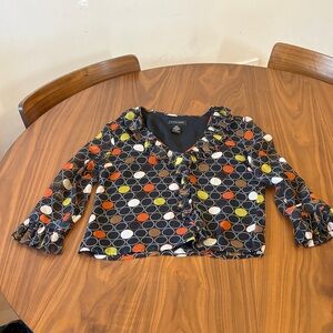 SilkLand Black Ruffle V-Neck Top with Multi-Color Polka Dots